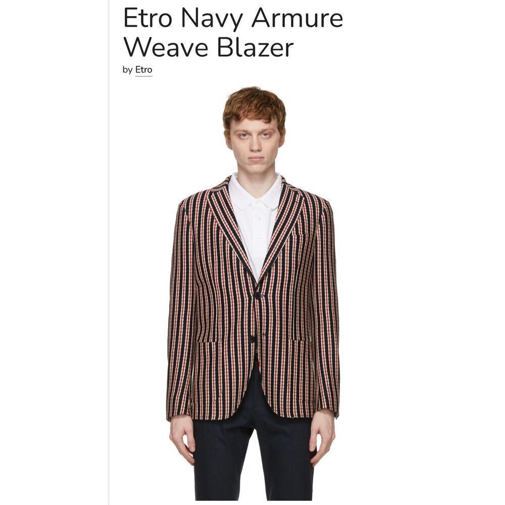 ETRO Navy Armure Weave button front blazer cotton 58